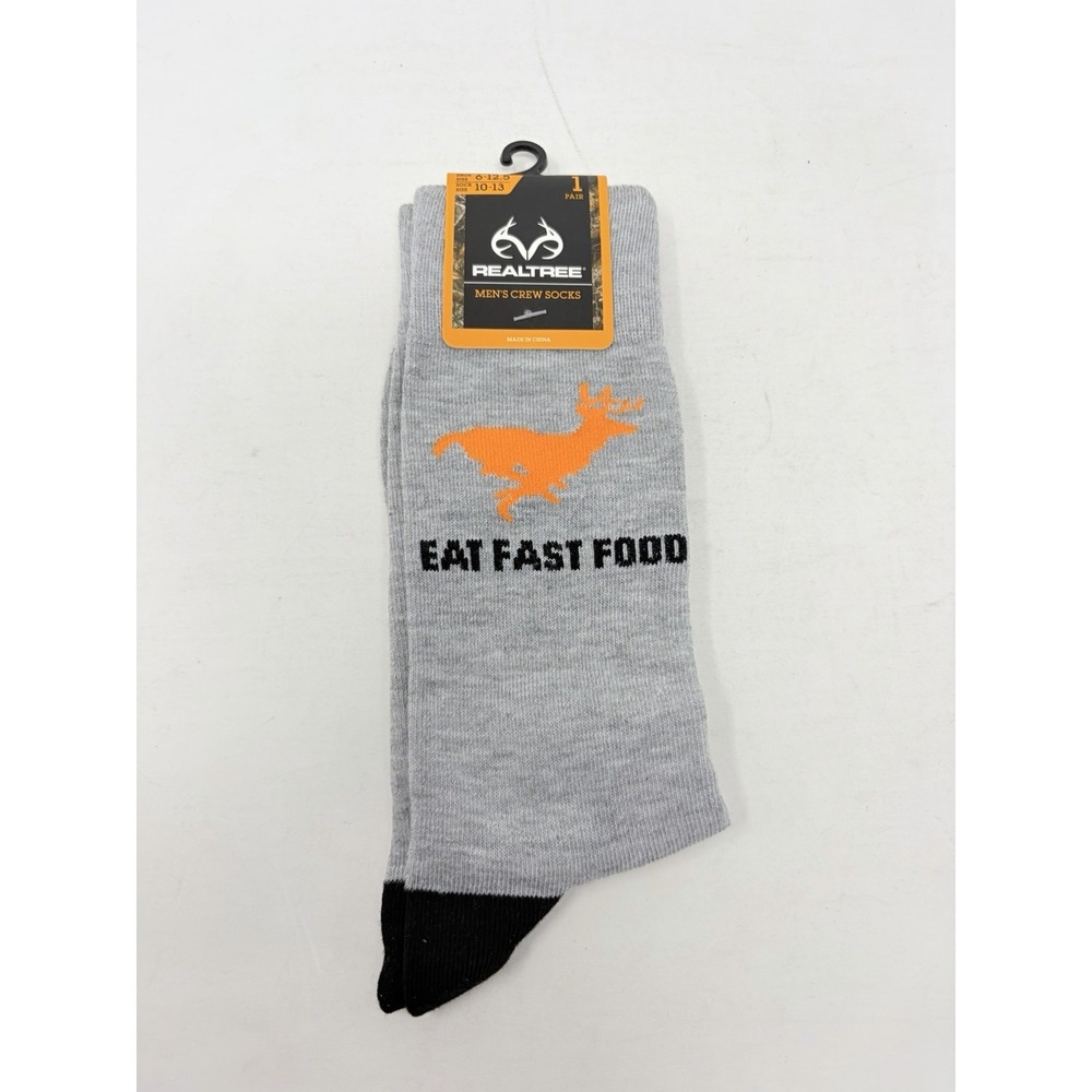 Realtree Mens Sock Size 10-13 Eat Fast Food Deer Hunting Crew Socks in Gray 2392